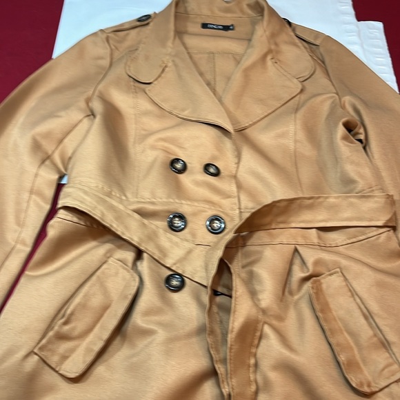 XL TAN button up Trench COAT office siren BELT pockets shoulder straps Corp core - Picture 3 of 16